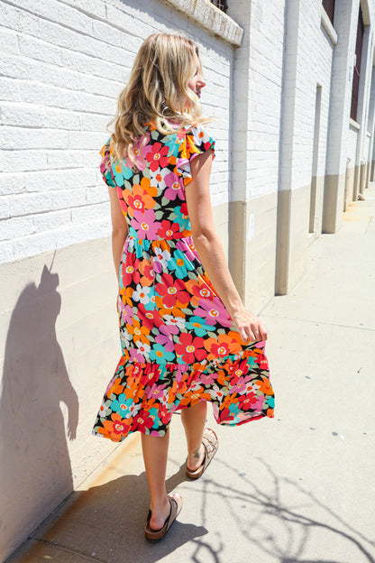 PLUS Feeling Femme Black & Multicolor Floral Print V Neck Midi Dress