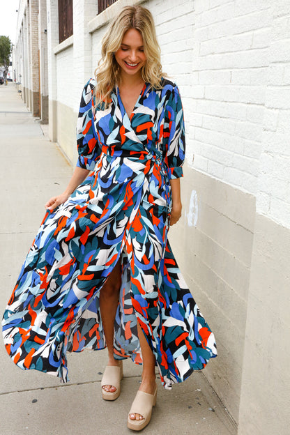 Vacay Ready Blue Tropical Print Wrap Around Tie Waist Coverup Maxi