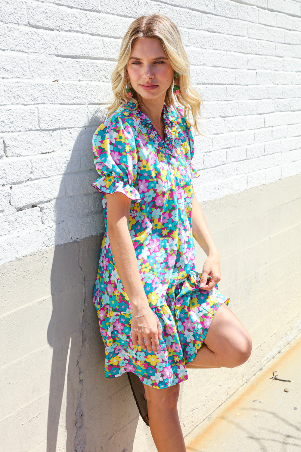 Classy Chic In Blue Smocked Notch Neck Babydoll Floral Print Dress