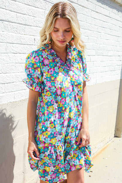 Classy Chic In Blue Smocked Notch Neck Babydoll Floral Print Dress