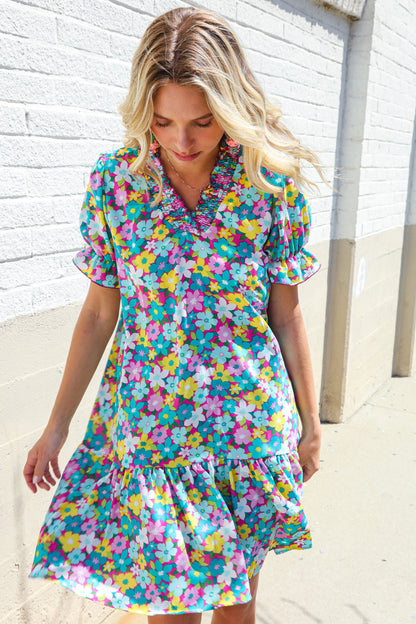 Classy Chic In Blue Smocked Notch Neck Babydoll Floral Print Dress