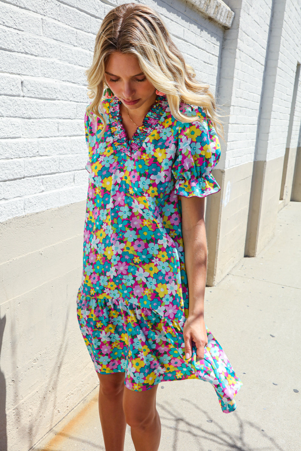 Classy Chic In Blue Smocked Notch Neck Babydoll Floral Print Dress