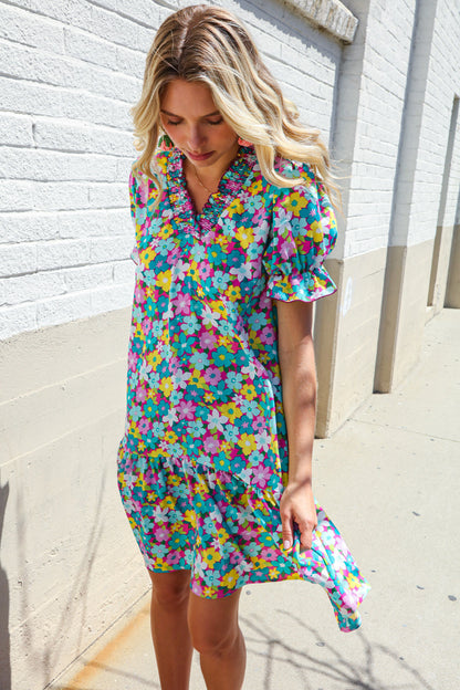 Classy Chic In Blue Smocked Notch Neck Babydoll Floral Print Dress