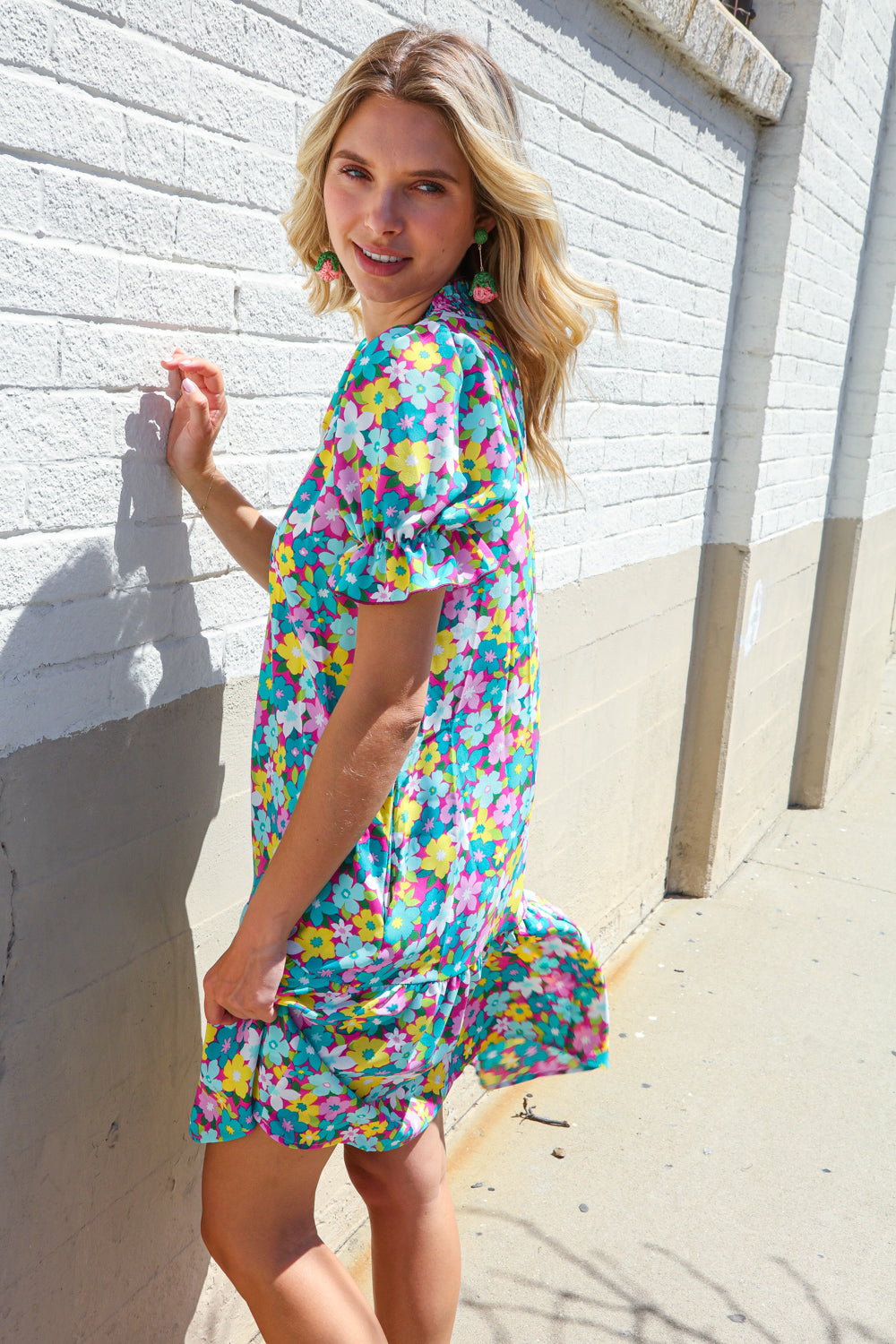 Classy Chic In Blue Smocked Notch Neck Babydoll Floral Print Dress