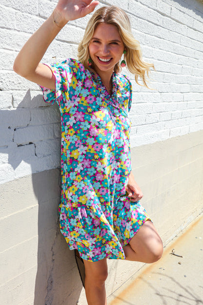 Classy Chic In Blue Smocked Notch Neck Babydoll Floral Print Dress