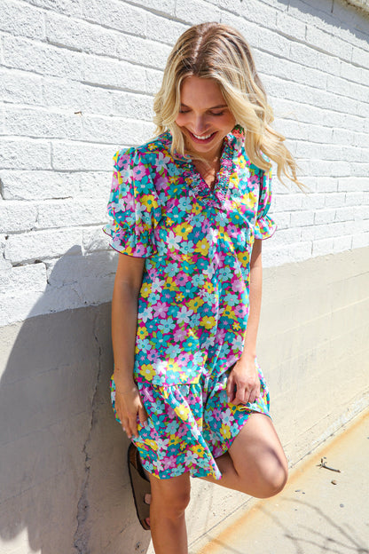 Classy Chic In Blue Smocked Notch Neck Babydoll Floral Print Dress