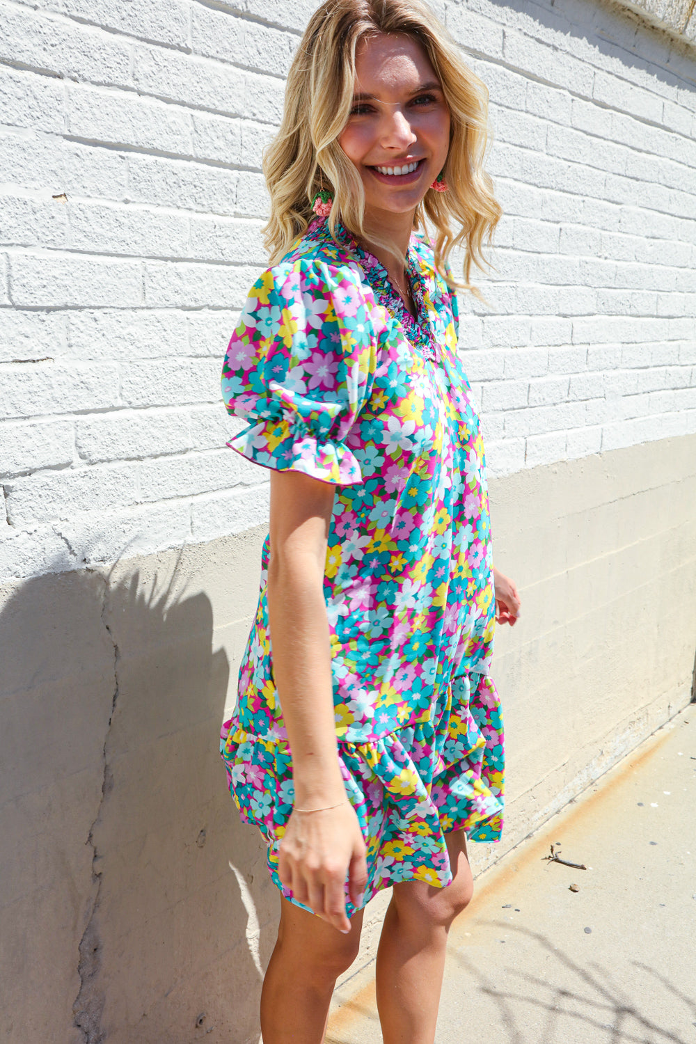 Classy Chic In Blue Smocked Notch Neck Babydoll Floral Print Dress