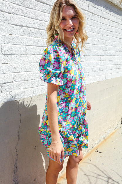 Classy Chic In Blue Smocked Notch Neck Babydoll Floral Print Dress