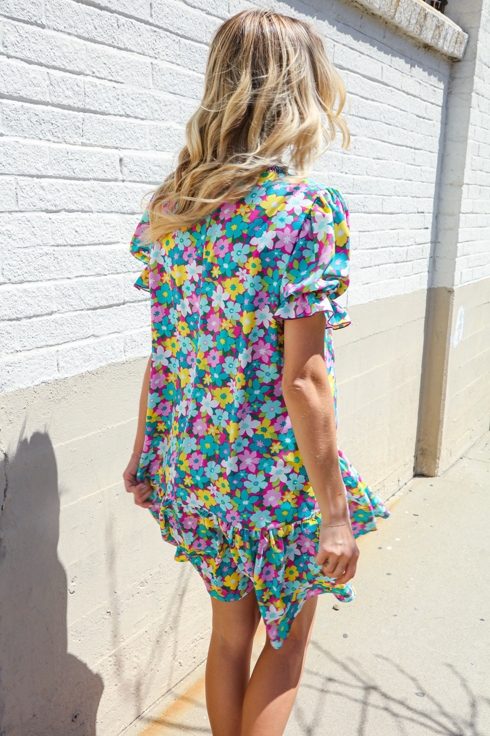 Classy Chic In Blue Smocked Notch Neck Babydoll Floral Print Dress