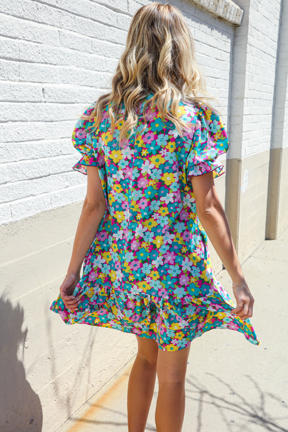 Classy Chic In Blue Smocked Notch Neck Babydoll Floral Print Dress