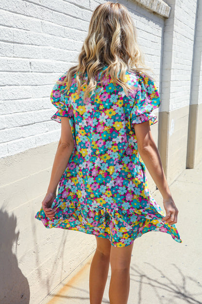 Classy Chic In Blue Smocked Notch Neck Babydoll Floral Print Dress