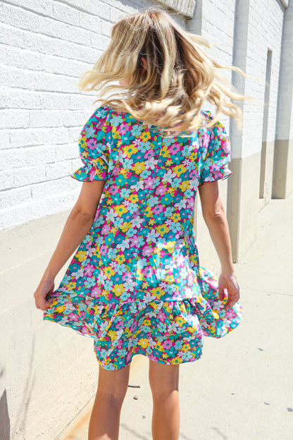 Classy Chic In Blue Smocked Notch Neck Babydoll Floral Print Dress