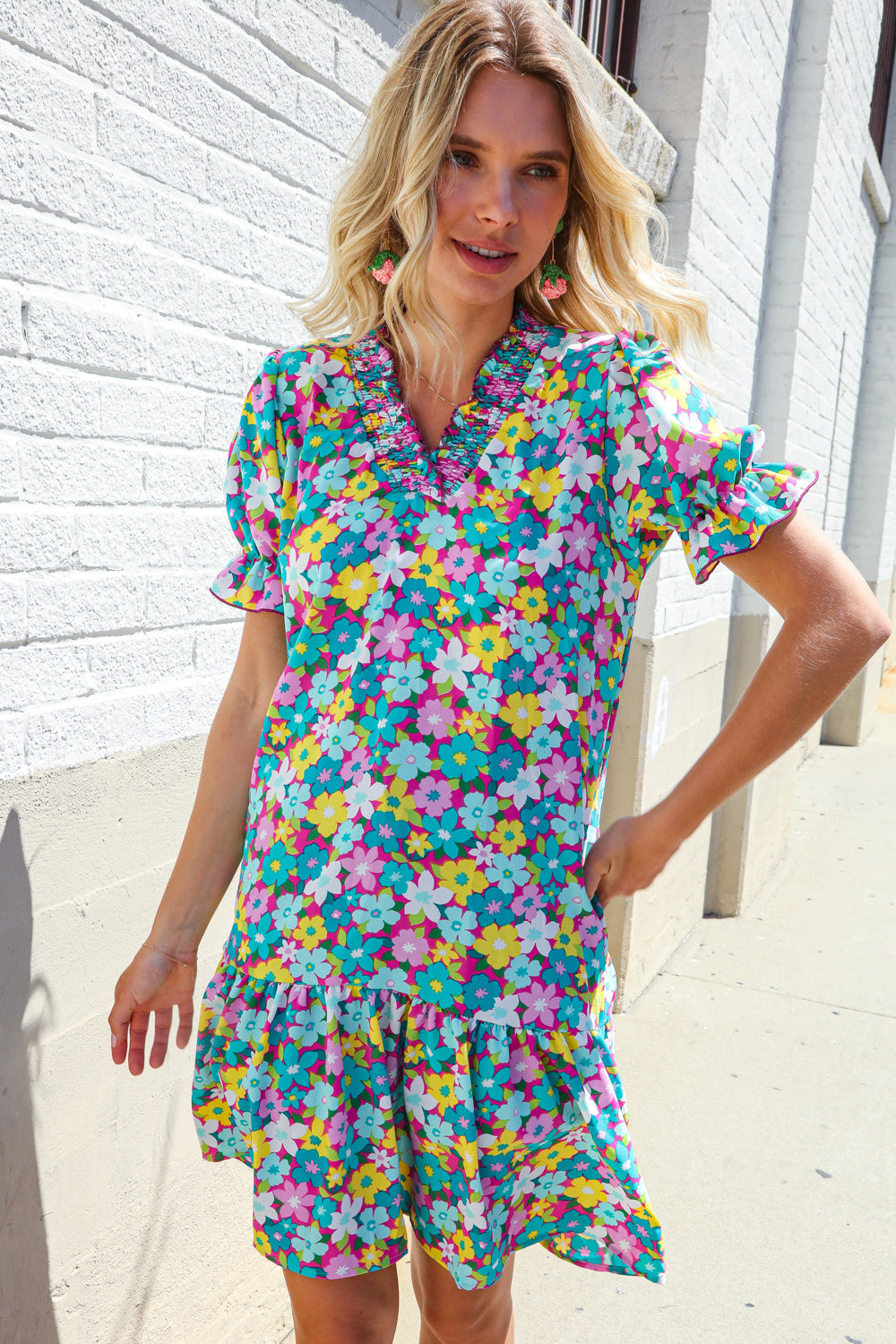 Classy Chic In Blue Smocked Notch Neck Babydoll Floral Print Dress