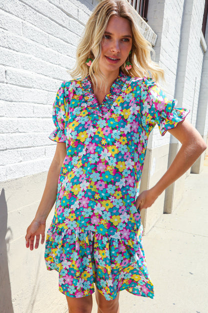 Classy Chic In Blue Smocked Notch Neck Babydoll Floral Print Dress