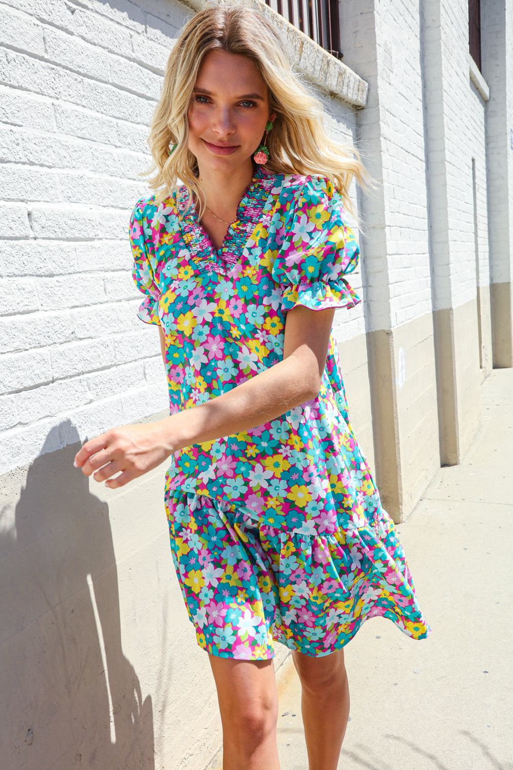 Classy Chic In Blue Smocked Notch Neck Babydoll Floral Print Dress