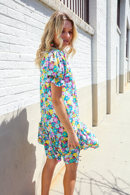 Classy Chic In Blue Smocked Notch Neck Babydoll Floral Print Dress