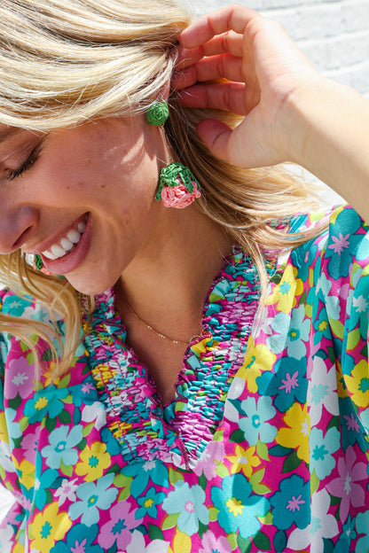 Rose Strawberry Woven Rattan Gold Dangle Earrings