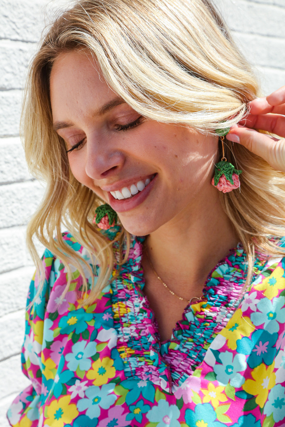 Rose Strawberry Woven Rattan Gold Dangle Earrings