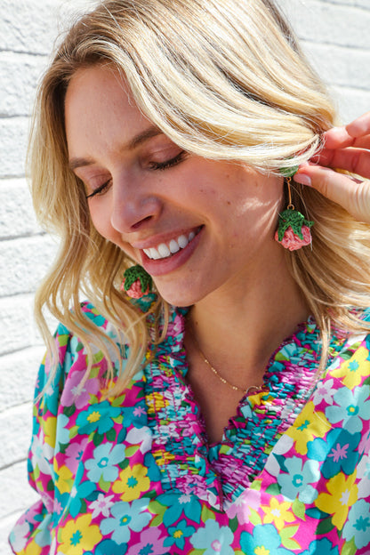 Rose Strawberry Woven Rattan Gold Dangle Earrings