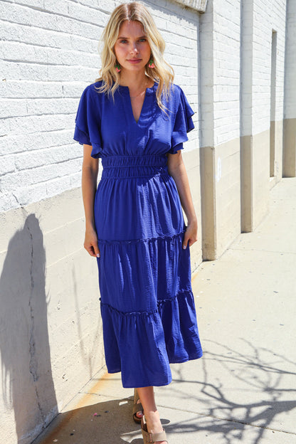 Lock Eyes Solid Blue Smocked Notched Neck Flutter Sleeve Maxi