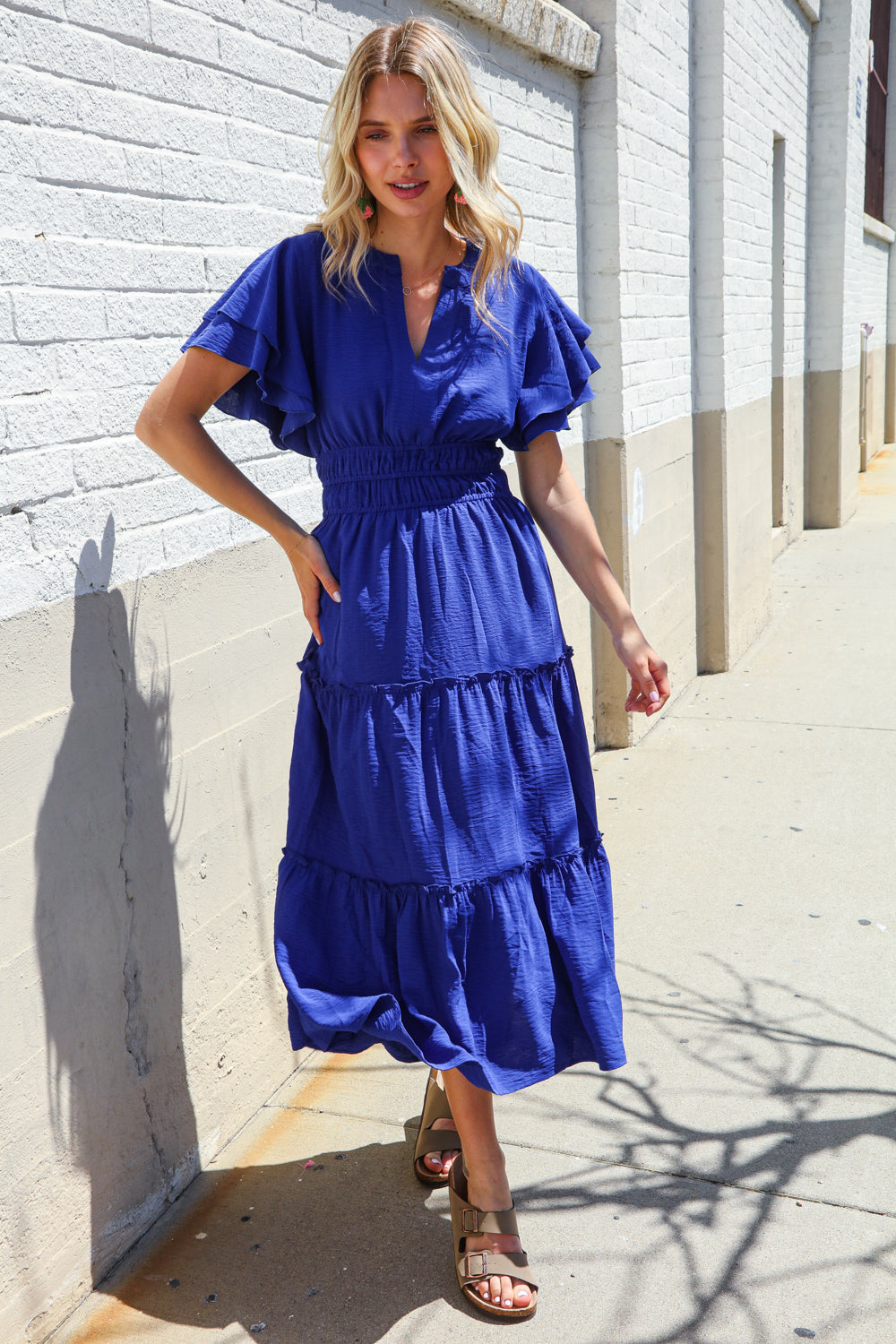 Lock Eyes Solid Blue Smocked Notched Neck Flutter Sleeve Maxi