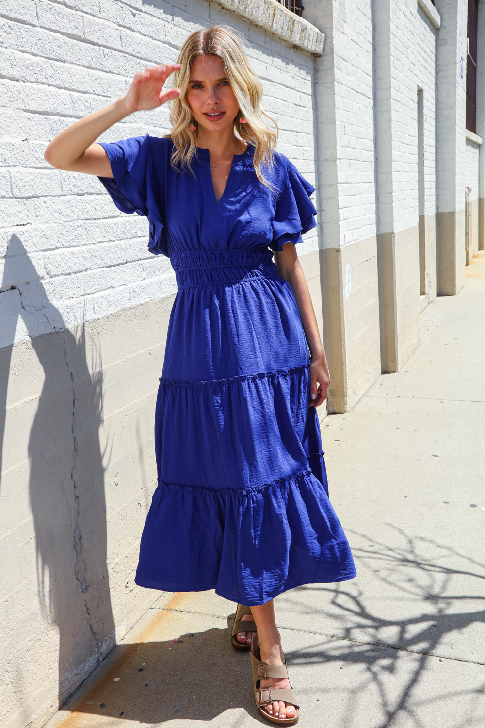 Lock Eyes Solid Blue Smocked Notched Neck Flutter Sleeve Maxi