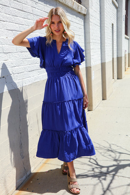 Lock Eyes Solid Blue Smocked Notched Neck Flutter Sleeve Maxi