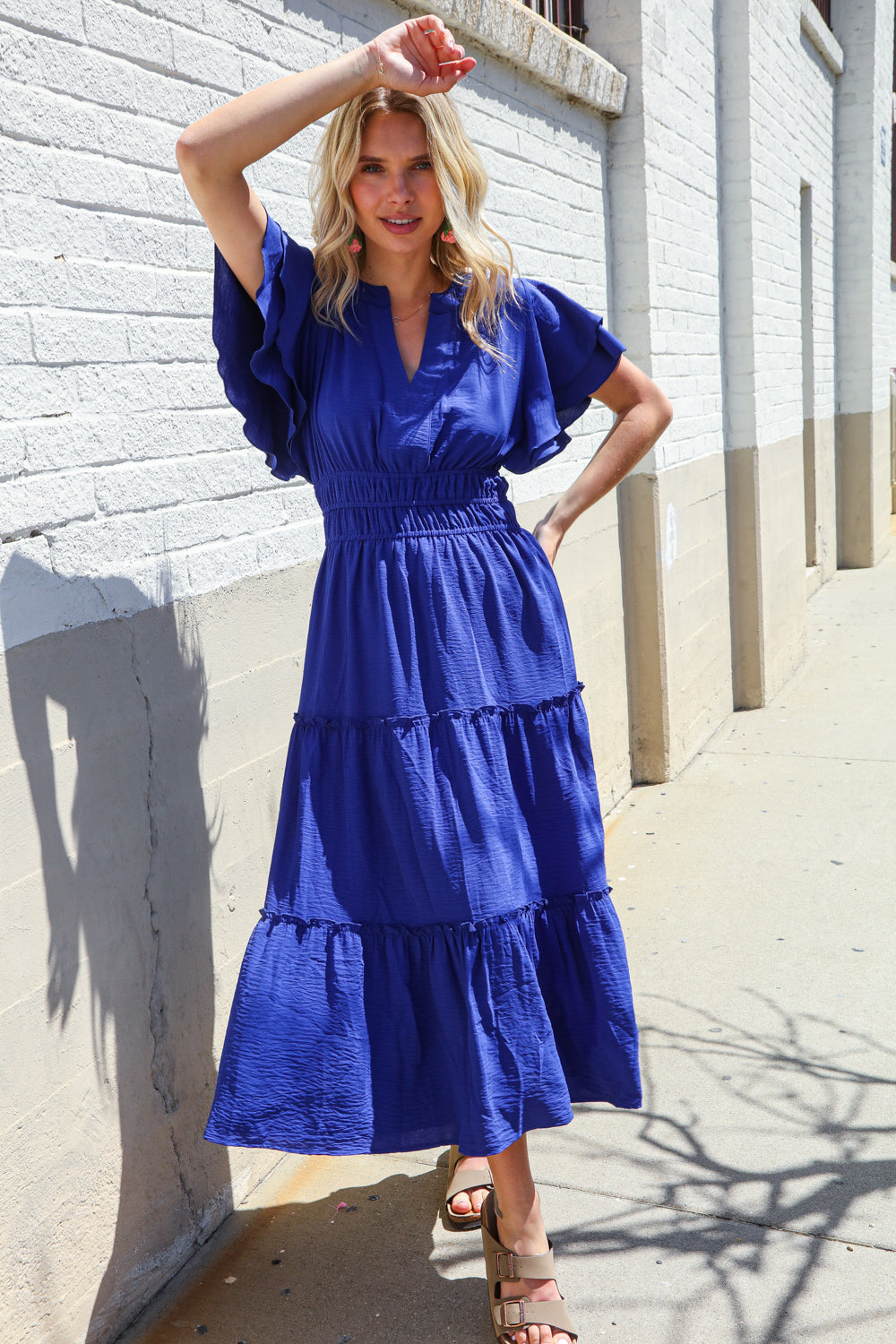 Lock Eyes Solid Blue Smocked Notched Neck Flutter Sleeve Maxi