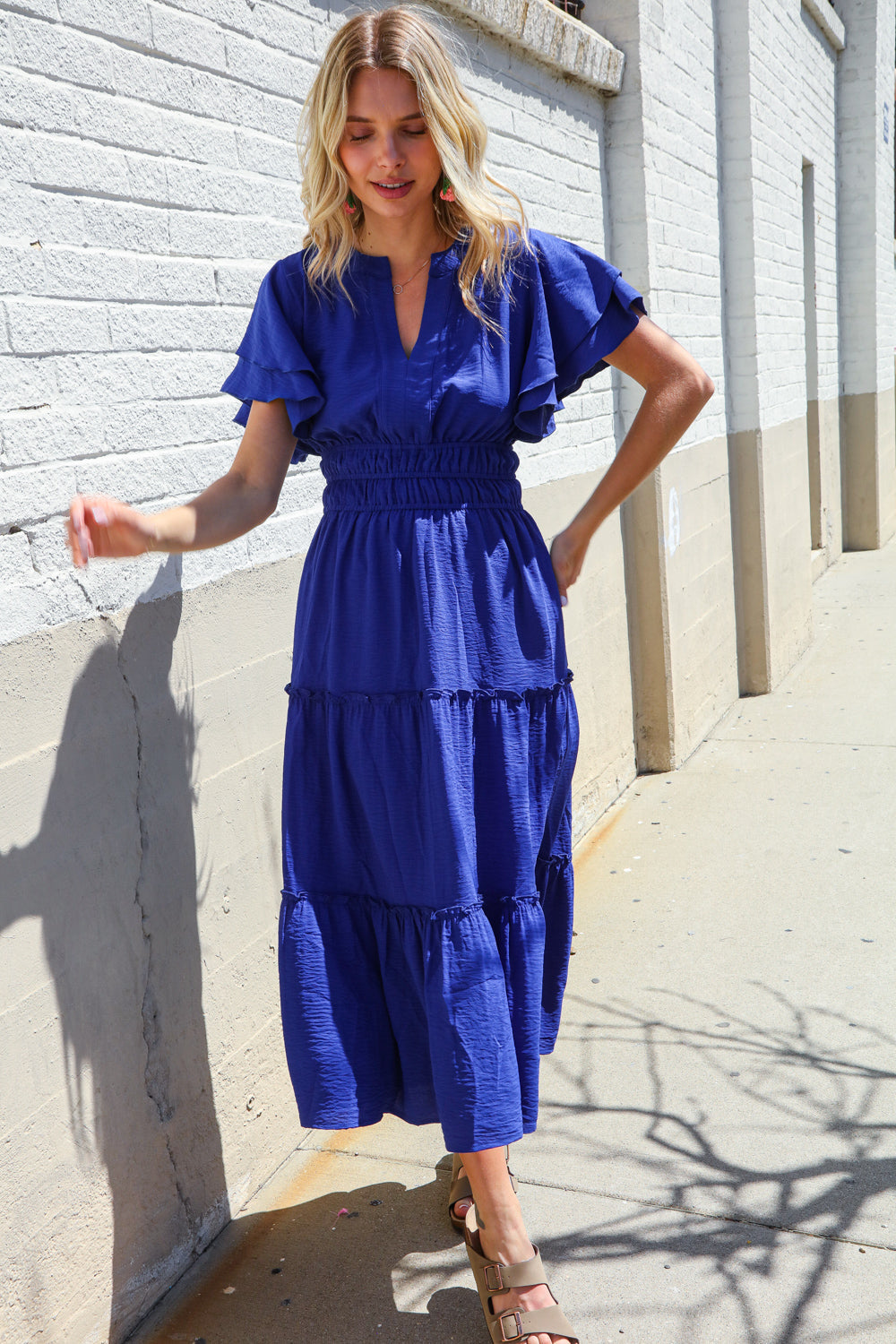 Lock Eyes Solid Blue Smocked Notched Neck Flutter Sleeve Maxi