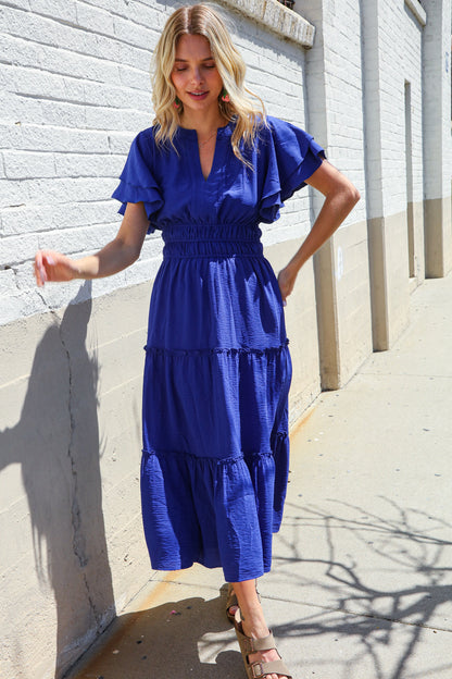 Lock Eyes Solid Blue Smocked Notched Neck Flutter Sleeve Maxi