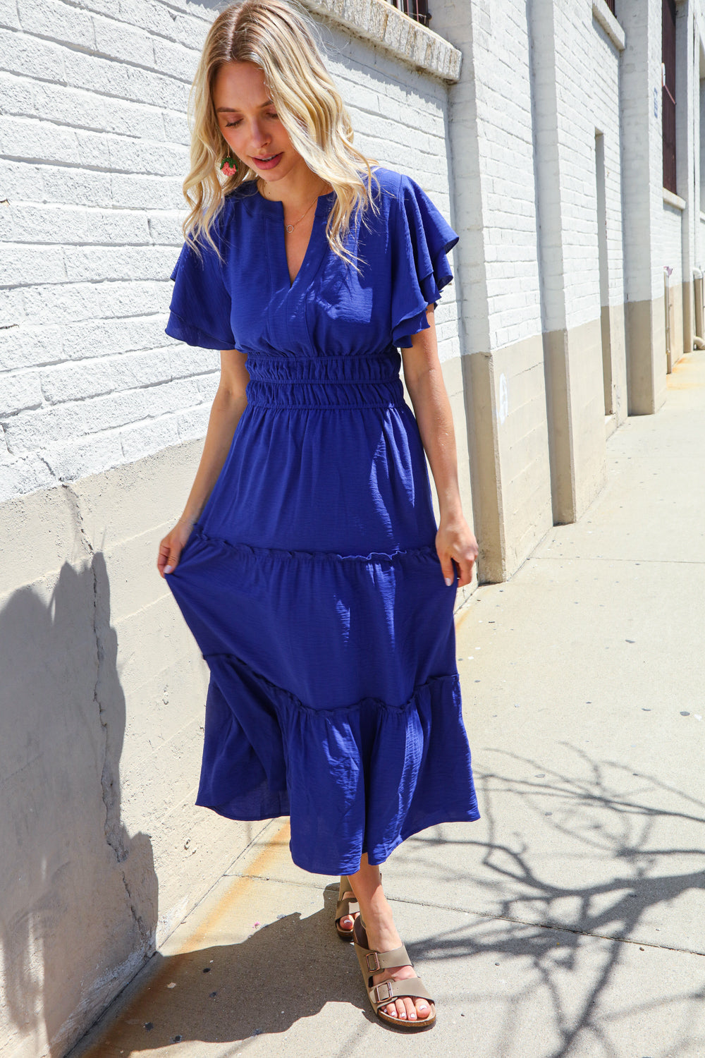 Lock Eyes Solid Blue Smocked Notched Neck Flutter Sleeve Maxi