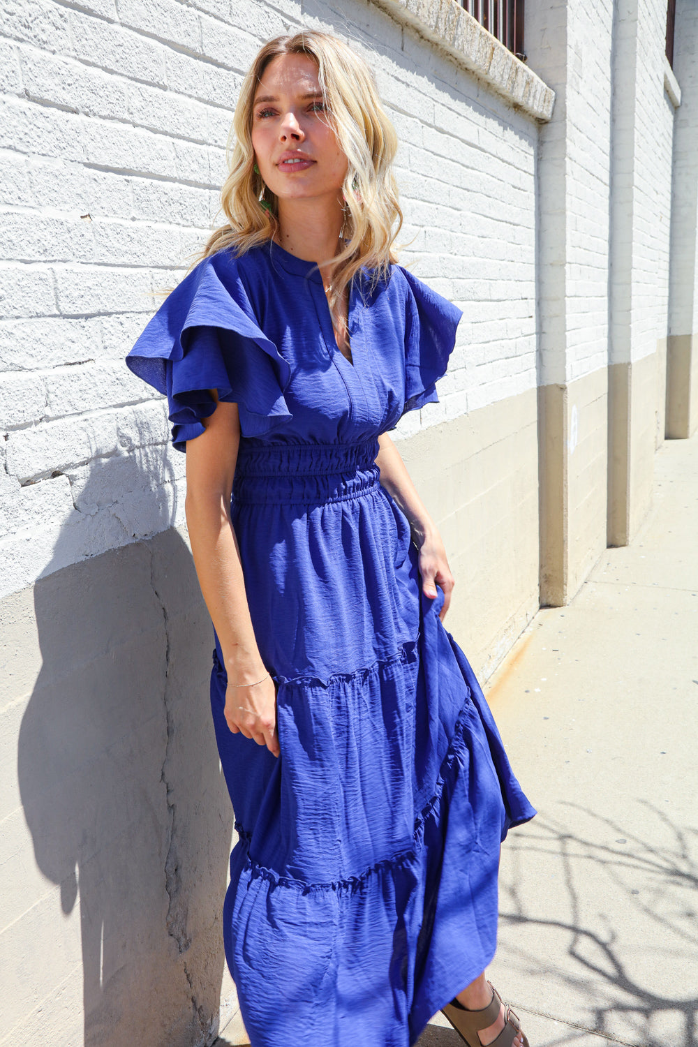 Lock Eyes Solid Blue Smocked Notched Neck Flutter Sleeve Maxi