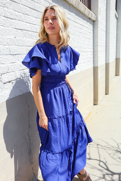 Lock Eyes Solid Blue Smocked Notched Neck Flutter Sleeve Maxi