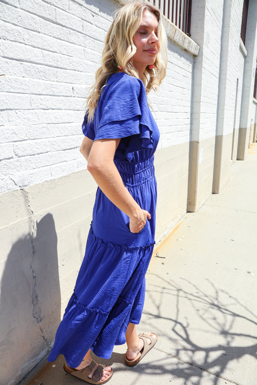 Lock Eyes Solid Blue Smocked Notched Neck Flutter Sleeve Maxi
