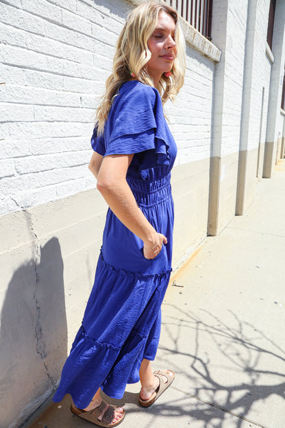 Lock Eyes Solid Blue Smocked Notched Neck Flutter Sleeve Maxi