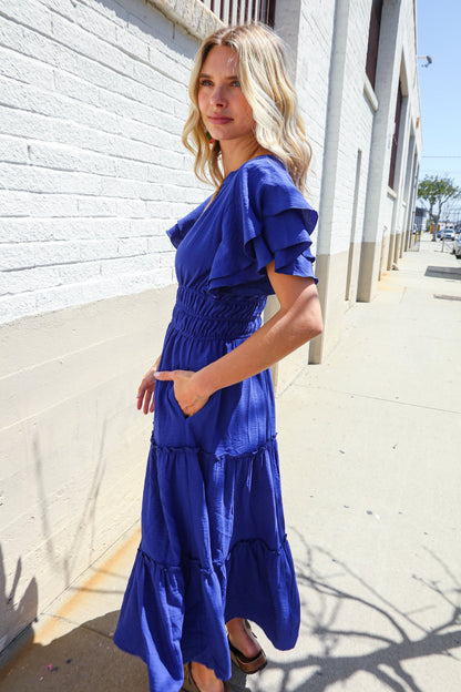 Lock Eyes Solid Blue Smocked Notched Neck Flutter Sleeve Maxi