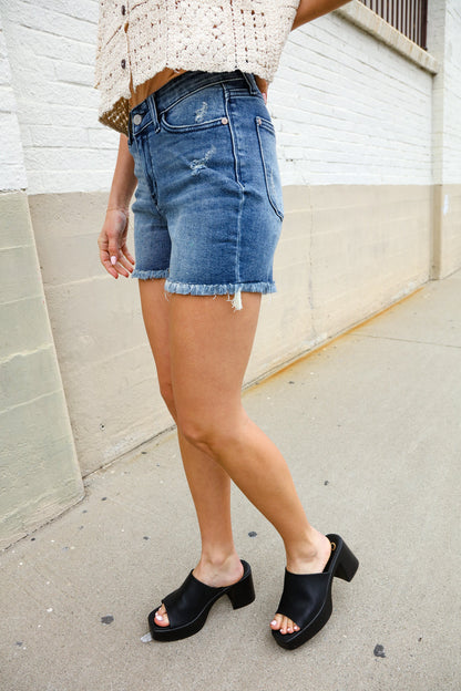 Judy Blue Medium Blue Mid Rise Fray Distressed Denim Shorts