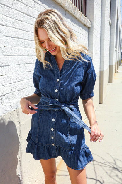 Put Together In Cotton Denim Button Down Belted Ruffle Mini Dress
