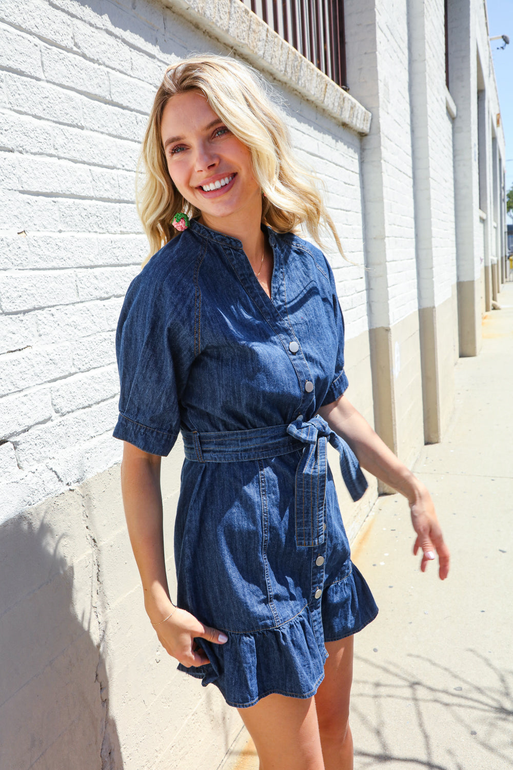 Put Together In Cotton Denim Button Down Belted Ruffle Mini Dress