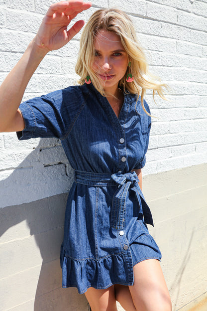 Put Together In Cotton Denim Button Down Belted Ruffle Mini Dress