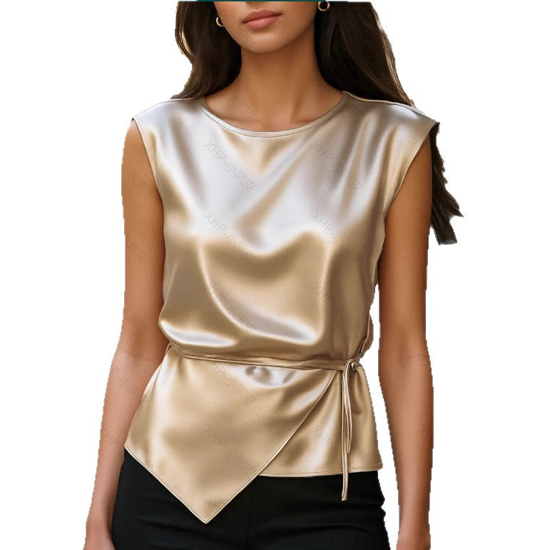 New Satin Solid-color Slim-fit Crew-neck Sleeveless Waist-cinching Top