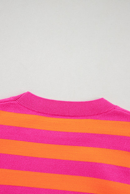 Rose Stripe Shoulder Pad Round Neck Sweater