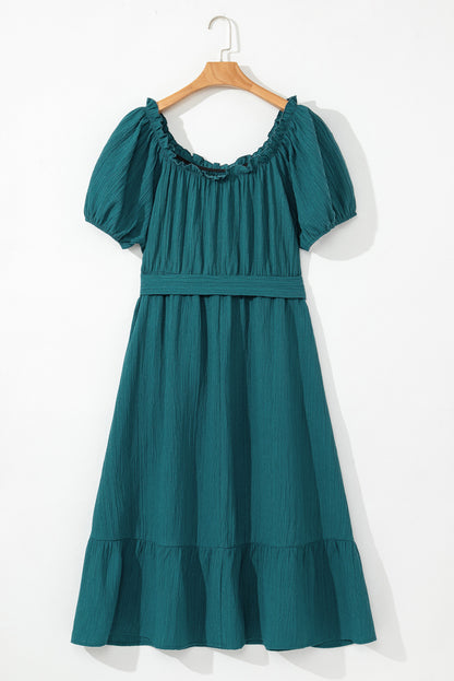Skobeloff Frilled U Neck Puff Sleeve Belted Ruffle Hem Plus Size Midi Dress
