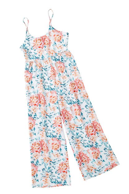 White Plus Size Floral Print Sleeveless Wide Leg Jumpsuit