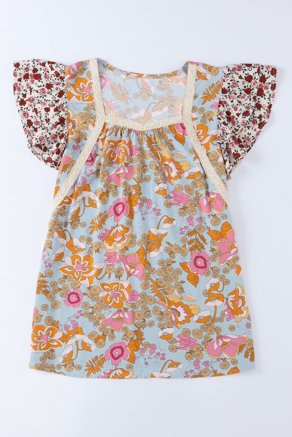 Brown Vintage Floral Smocked Bodice Flare Sleeve Tiered Long Dress