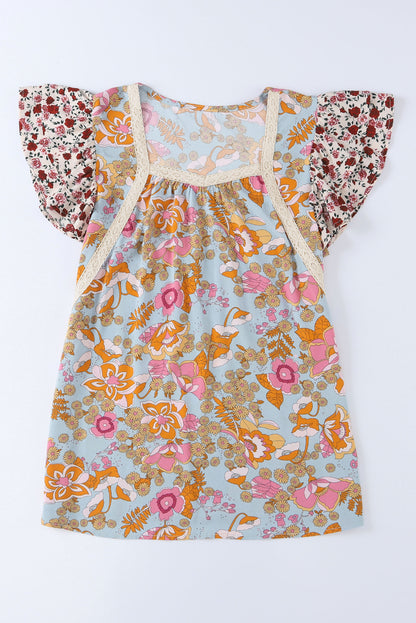 Brown Vintage Floral Smocked Bodice Flare Sleeve Tiered Long Dress