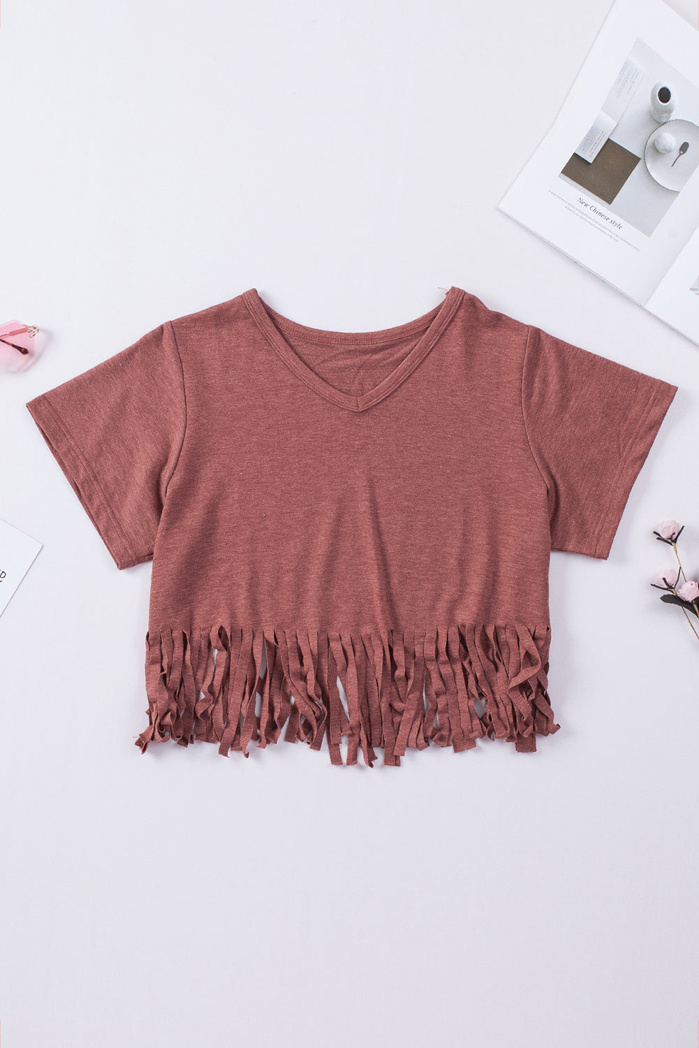 Red Fringe Hem V Neck T Shirt