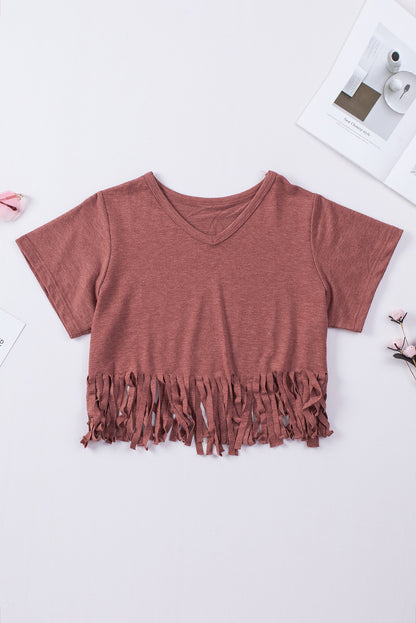Red Fringe Hem V Neck T Shirt