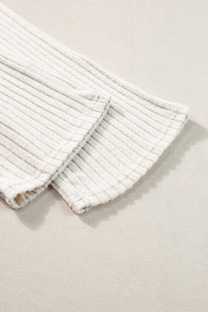 Beige Ribbed Drop Shoulder Henley Top Wide Leg Pants Set