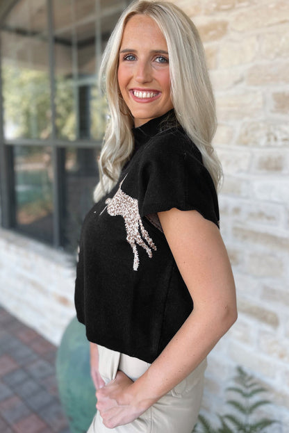 Blackish Green Patch Pocket Ribbed Knit Short Sleeve Sweater